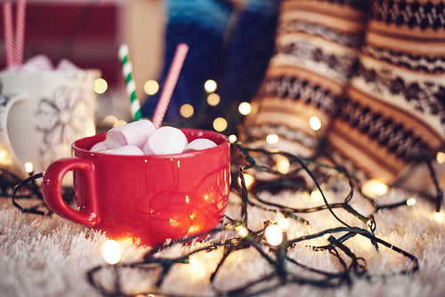 Christmas lights and mug of chocolate with marshmallow on rug