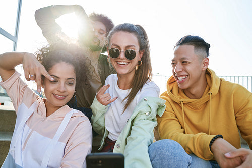 Group of young people doing selfie outdoors