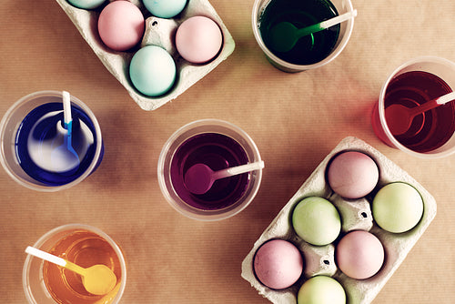 Close up of dyed Easter eggs