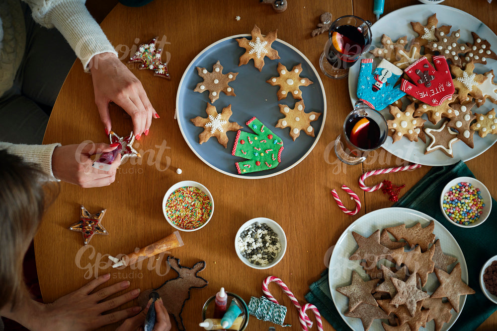 Top view on table full of gingerbread cookies