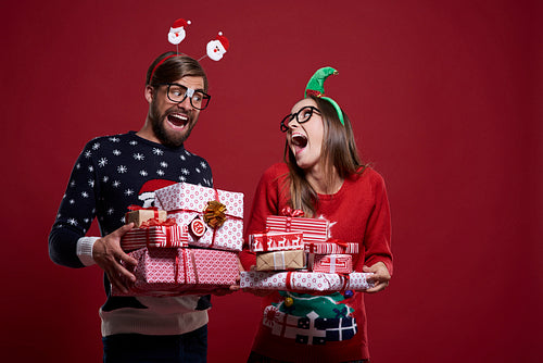 Funny Christmas nerds with presents