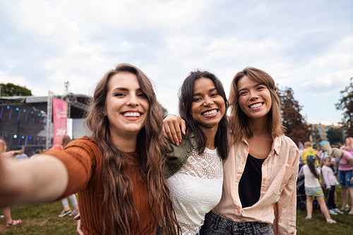 Group of friends making selfie at music festival