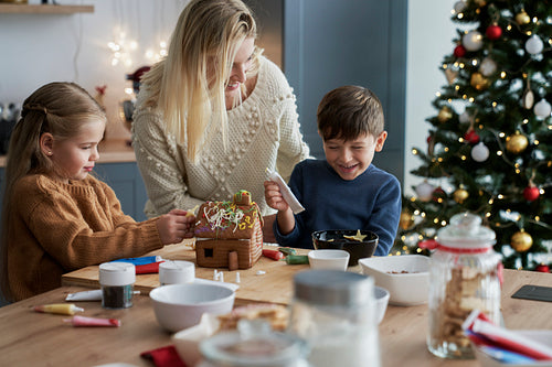Wide shot of family spending Christmas time on baking