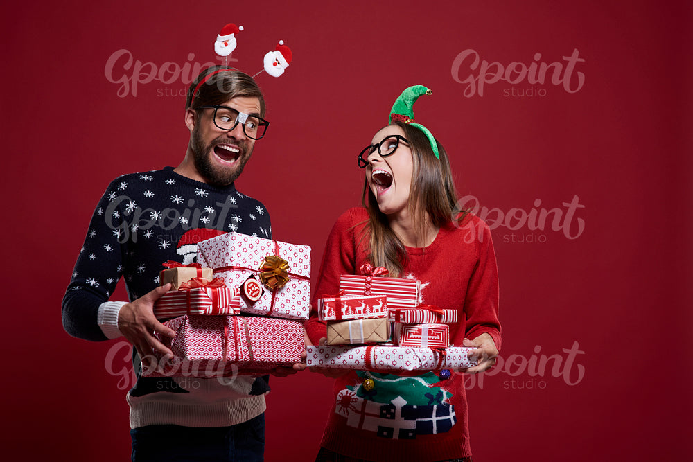 Funny Christmas nerds with presents