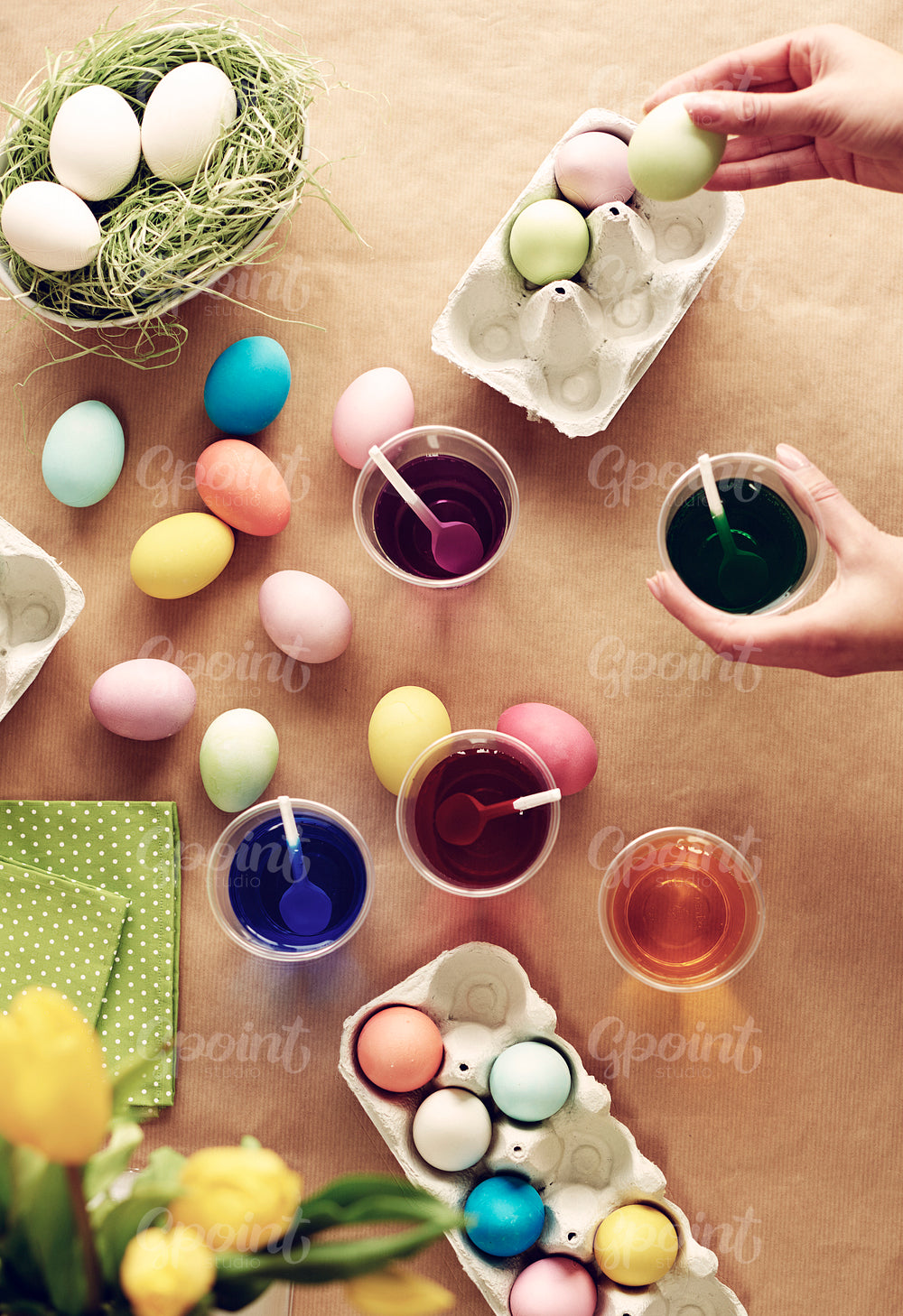 High angle view of homemade Easter eggs