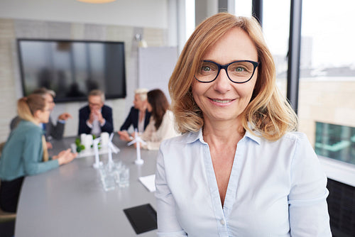 Mature businesswoman leading during business meeting