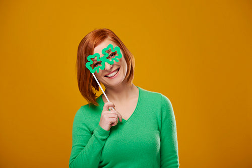 Portrait of smiling woman with playful glasses