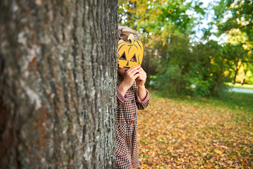 Little girl holding halloween pumpkin in front of his face