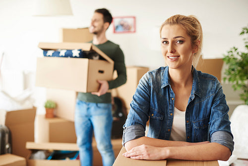 Portrait of woman during moving house