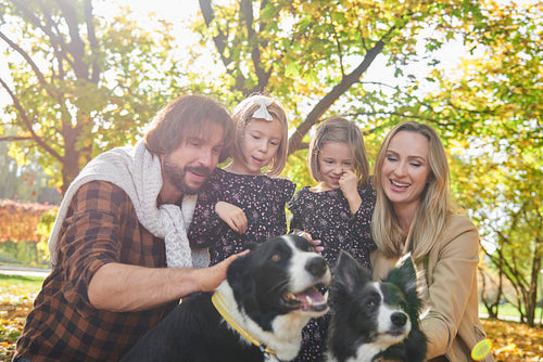 Joyful scene of family with dog in autumn forest