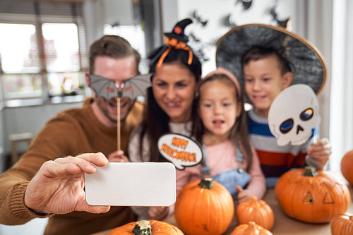 Family making selfie in Halloween