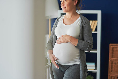 Horizontal image of thoughtful pregnant woman indoors
