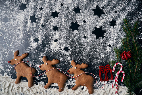 Santa reindeers made of gingerbread cookie on a winter background