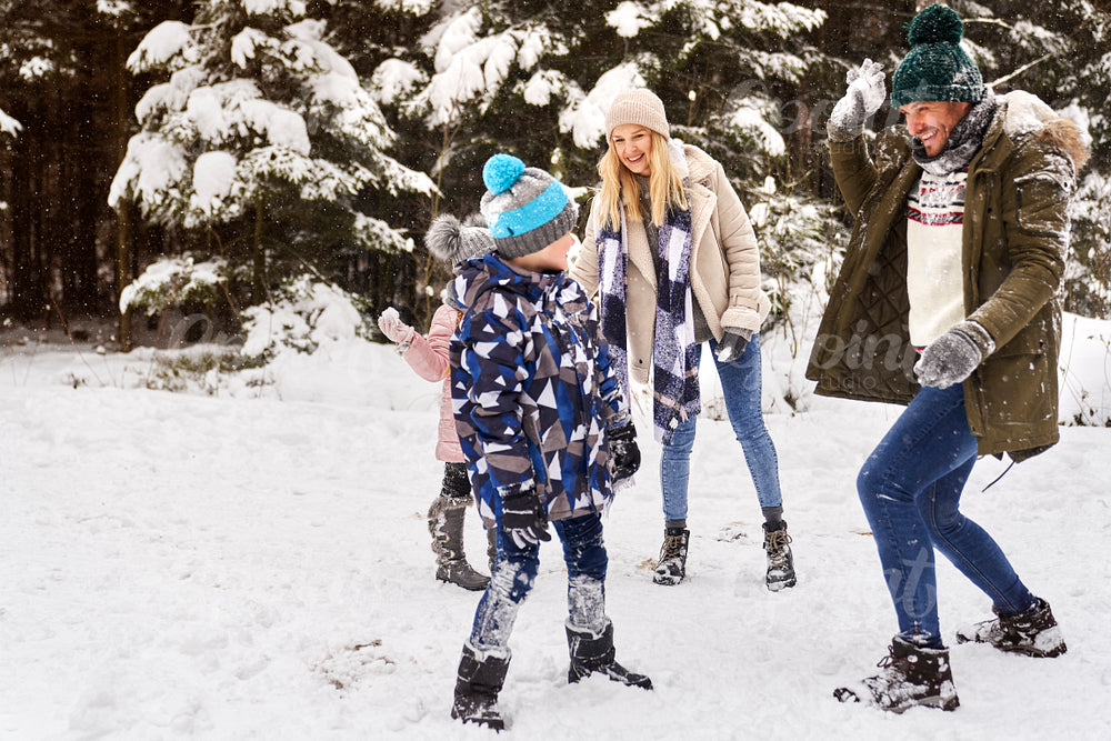 Family having a snowball fight in the snow