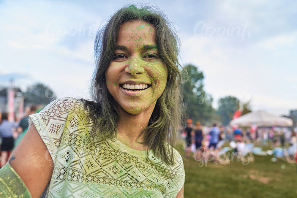 Portrait of multiracial woman at Holi Festival  
