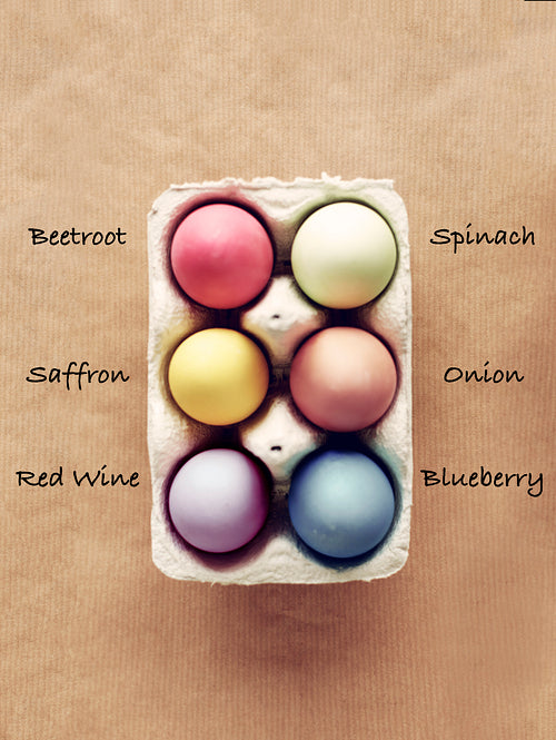 Homemade dyed Easter eggs with six organic colors
