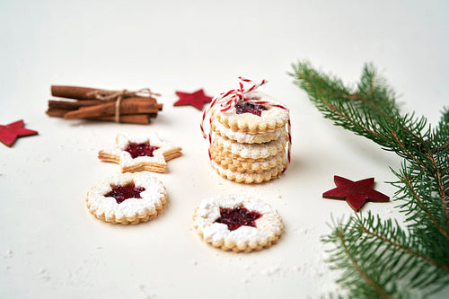 Stack of Christmas cookies tied with white and red rope