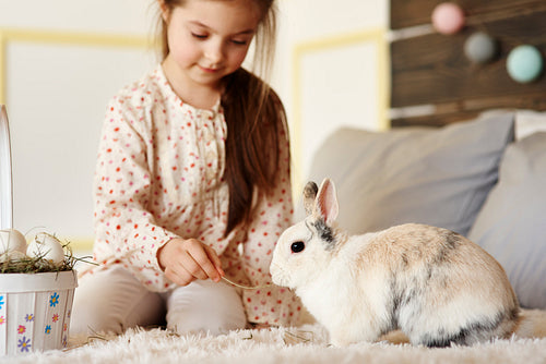 Girl having fun with rabbit on the bed