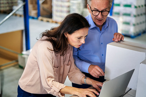 Caucasian men and woman in mature age discussing over laptop in warehouse