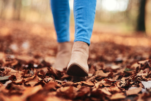 Human legs walking through autumnal leaves