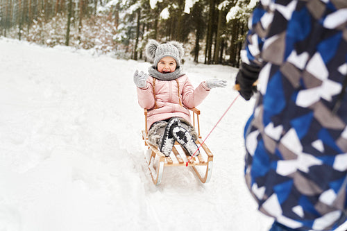Little girl on winter holidays riding sled in the snow