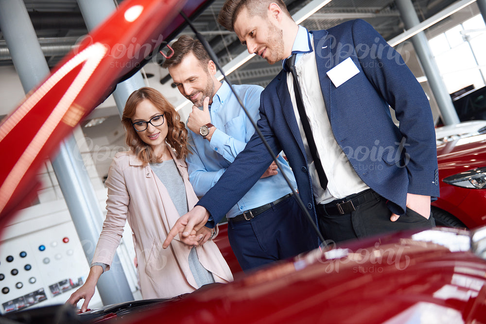 Male car dealer showing couple new car