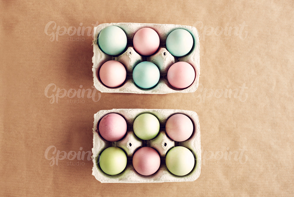 Picture of two cartons of dyed easter eggs