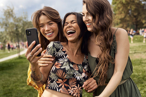 Group of friends making selfie at music festival
