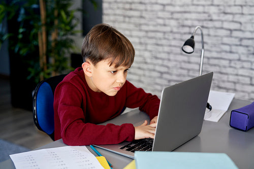 Concentrated boy using laptop during education