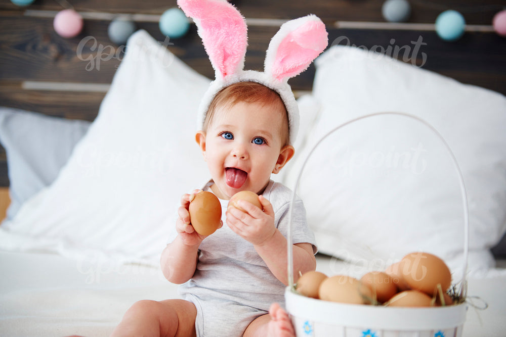 Adorable baby wearing in rabbit costume