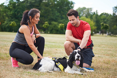 Couple and dog resting after workout on the fresh air