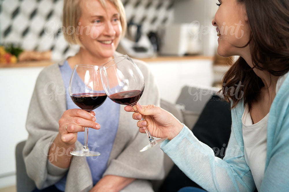 Two generation women toasting in wine at home