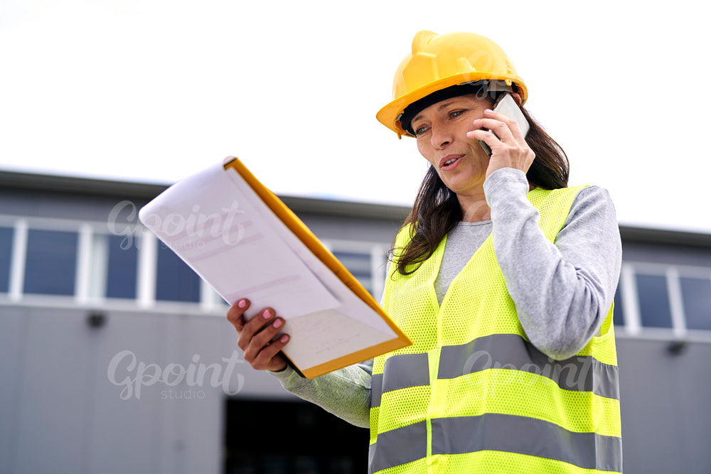 Caucasian mature woman in front of warehouse talking on the phone 