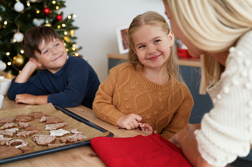 Cheerful family talking about just made Christmas cookies