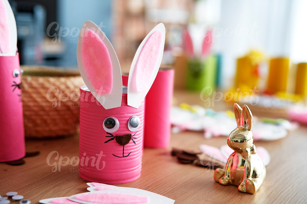 Close up of colored Easter decorations on the table