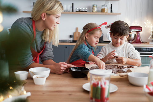 Children baking gingerbread cookies in domestic kitchen