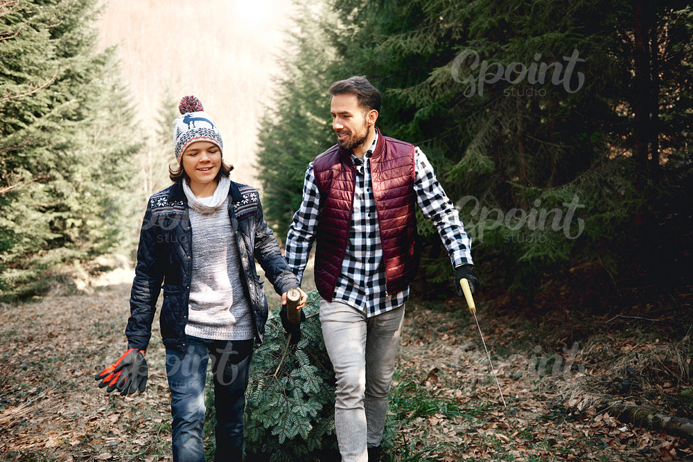 Father and son carrying heavy christmas tree