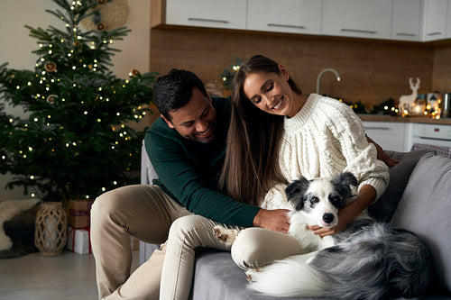 Happy couple with dog sitting at sofa in Christmas