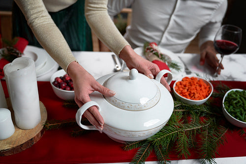 Woman serving meal on Christmas dinner