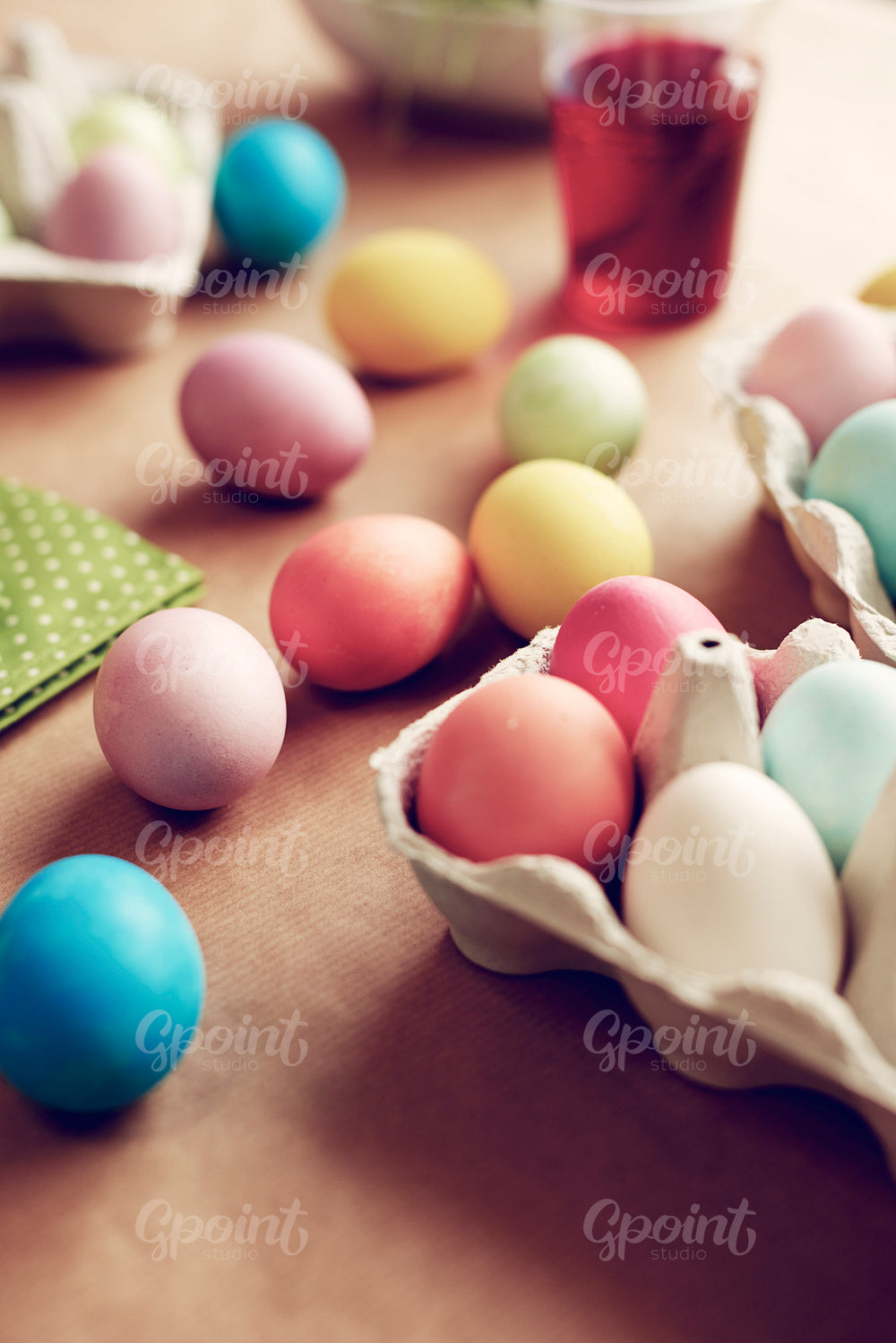 Side view of painted Easter eggs