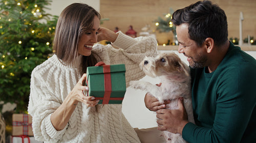 Happy multi ethnicity couple opening Christmas present for dog