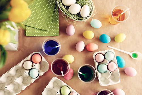 Five of dye colors used for Easter eggs