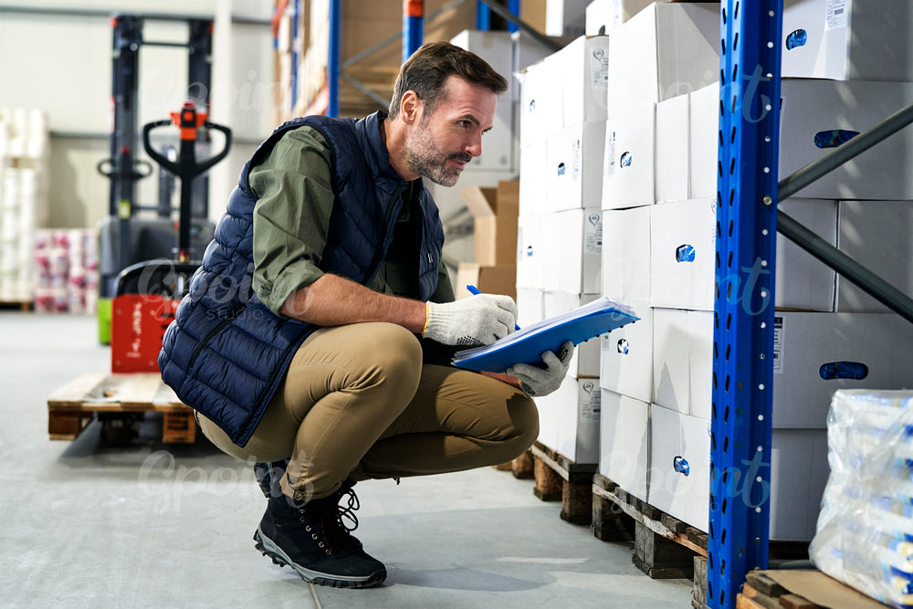 Crouching caucasian men in mature age  checking documents and goods in warehouse 
