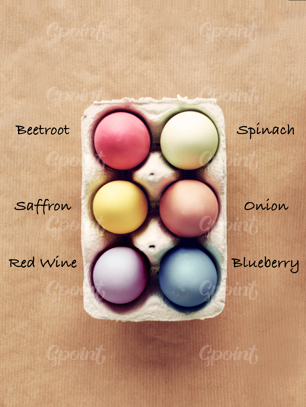 Homemade dyed Easter eggs with six organic colors