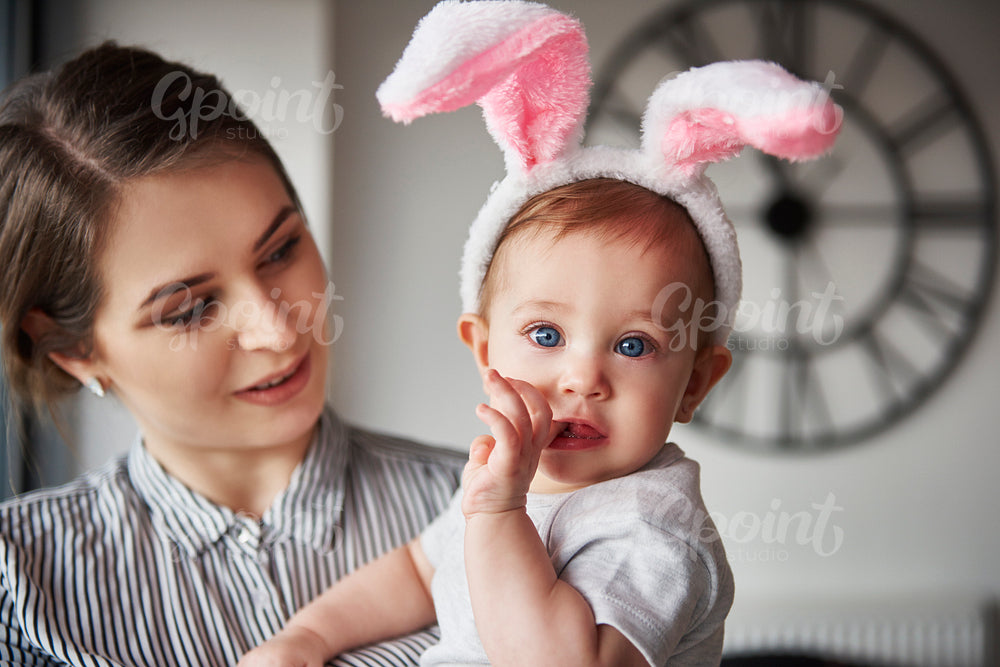 Portrait of baby with bunny ears