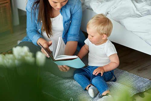 Mother reading book with her toddler son