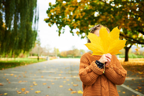 Girl holding a big, autumnal leafs in front of her face