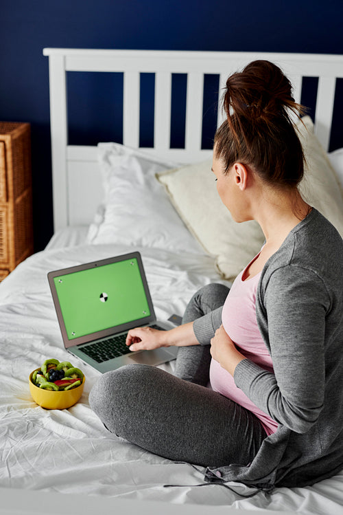 Rear view of pregnant woman searching for something on computer