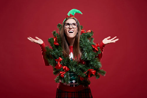 Funny woman with Christmas garland