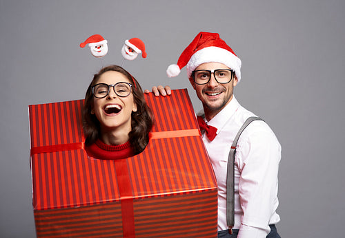 Woman packed packed by boyfriend in big Christmas present